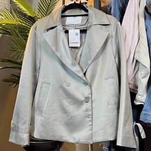 OAK + FORT Silver Double-Breasted Trench Coat